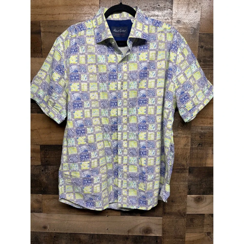 Robert Graham Modern Americana Shirt Mens 3XL Tailored Fit Patchwork Blue Green
